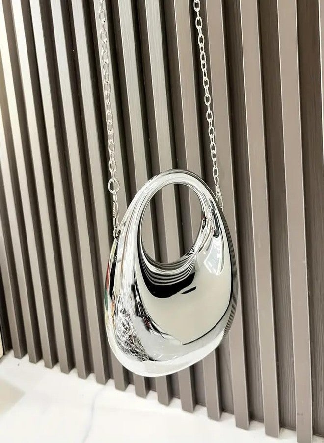 DOSYSO Women and Girls Moon Clutch Purse Acrylic Evening Handbag Crossbody Sling Bags With Detachable Chain Strap Glossy Stylish Latest Small Size Cute Wallet Party Wedding Gift Item (Glossy Silver) - Image 5